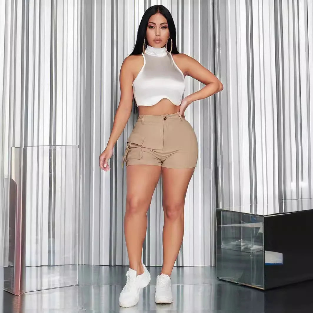 Shorts Solid Women Zipper Fly High Waist Shorts Casual Spliced Pockets Patchwork 2025 Summer Button Skinny Slim Fit Sports