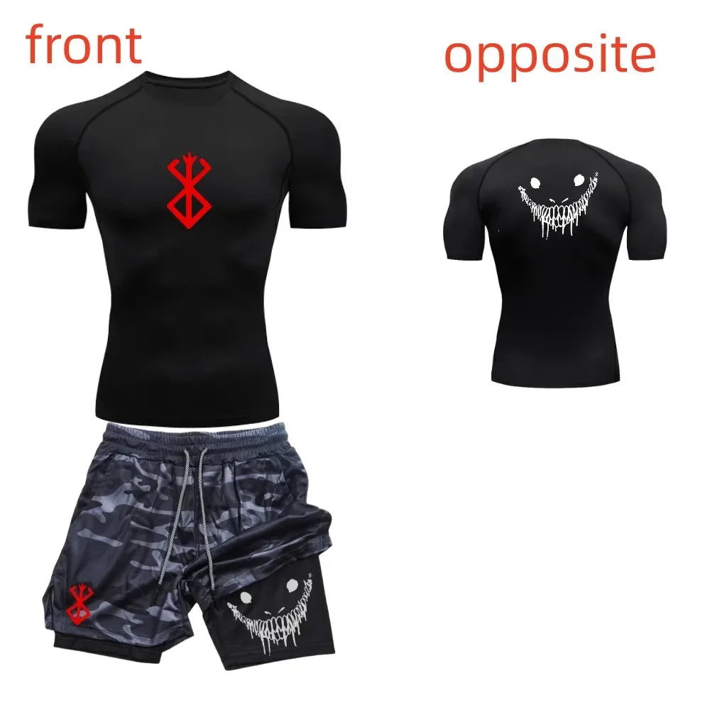 Men's fashionable casual fitness set, gym quick drying sportswear, shorts+shirt, 2-piece set, running, training, summer