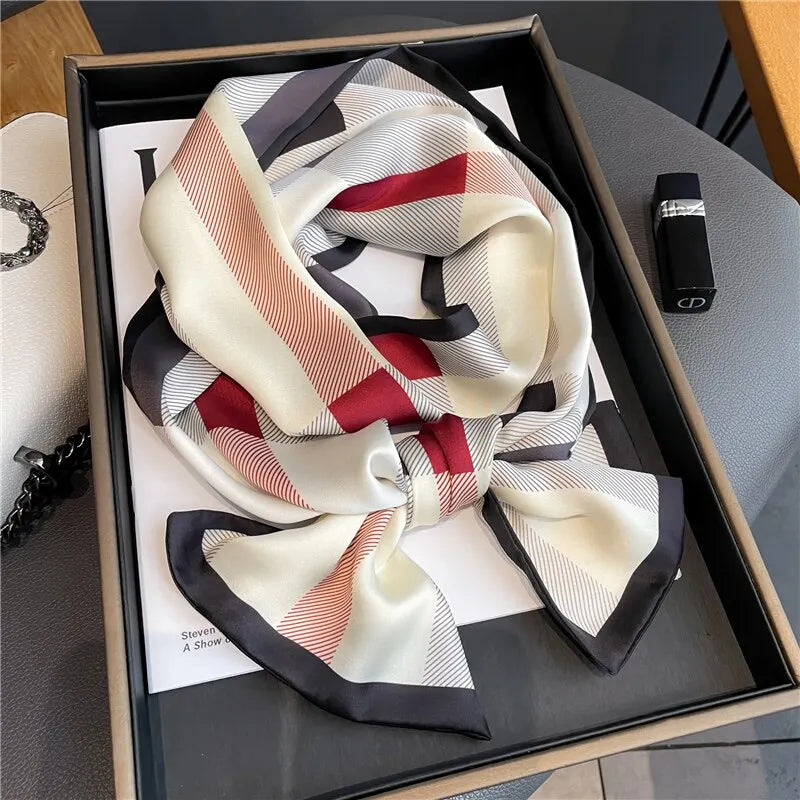 Karierter, schmaler Schal aus Satin-Seide für Damen, Haarbänder, Halstuch, Gürtel, Stirnband, Wickeltuch, Foulard, Kopftuch, Bandana