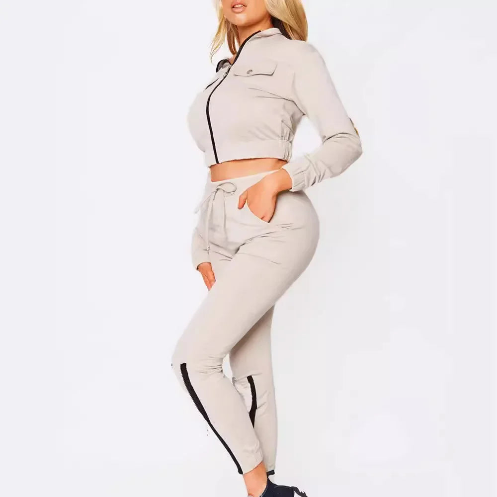 Casual Z601 Dress Set Long Sleeve Zipper Design Top + Drawstring Pants European And American Cross-Border