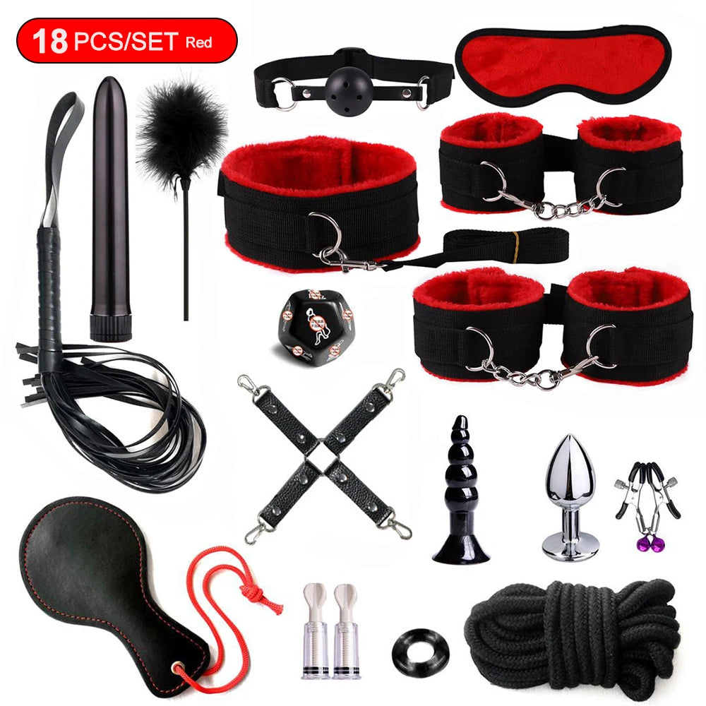 Hot Exotic Bed B+ndage Set B+SM Kits Exotic S*x Toys For Women  Adults Games Leather Handcuffs Whip Gag Nipple Clamps S*x