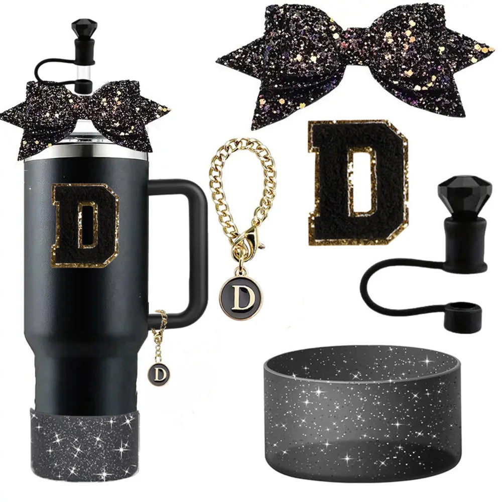 5pcs Accessories Set for Stanley 30oz 40oz Tumbler Cup Including 10mm Diamond Straw Cover Topper Bow Ties Initial Sticker