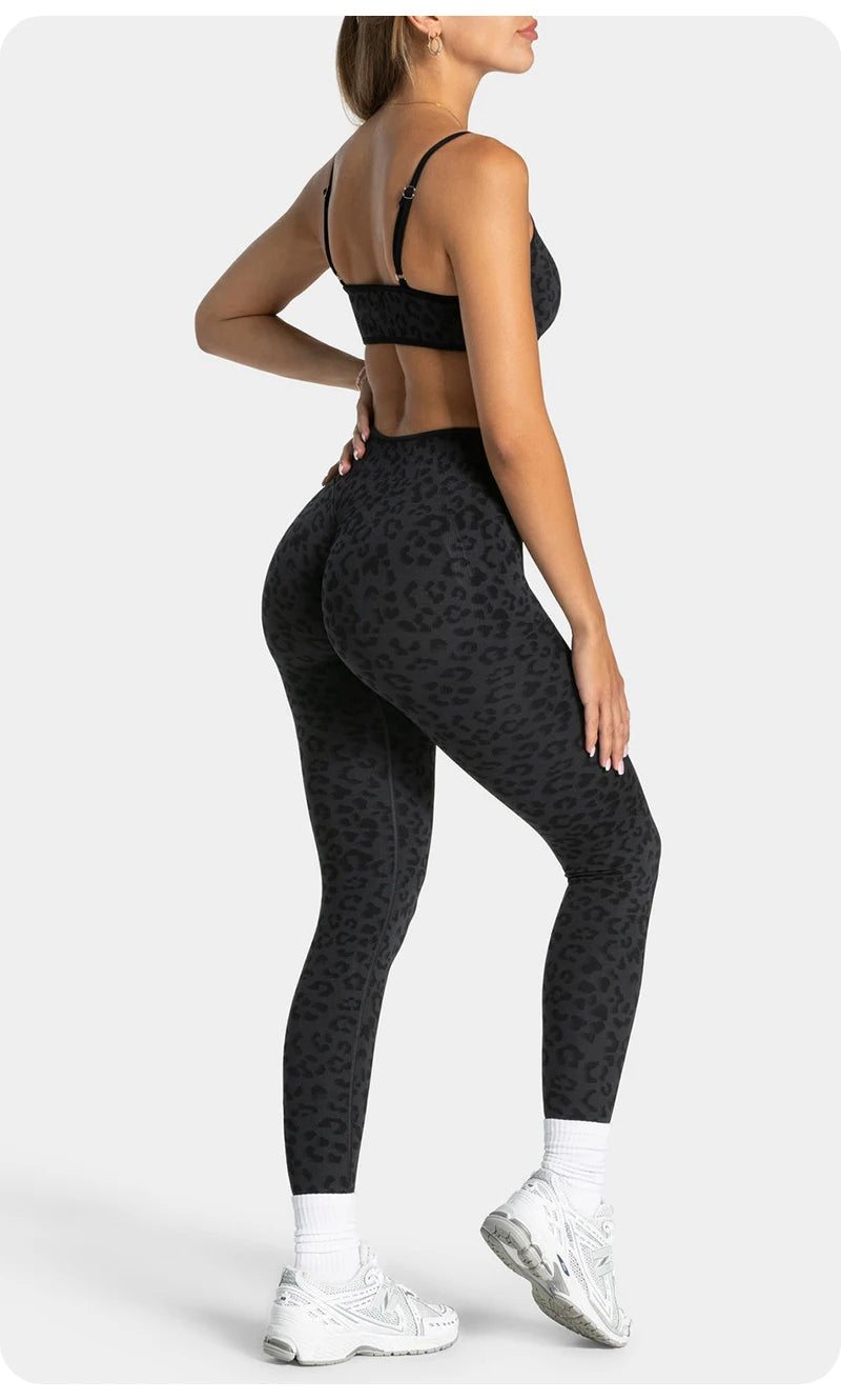 Women's Seamless Yoga Set Leopard Print Color Block Bra Top & Long Pants Workout Suit