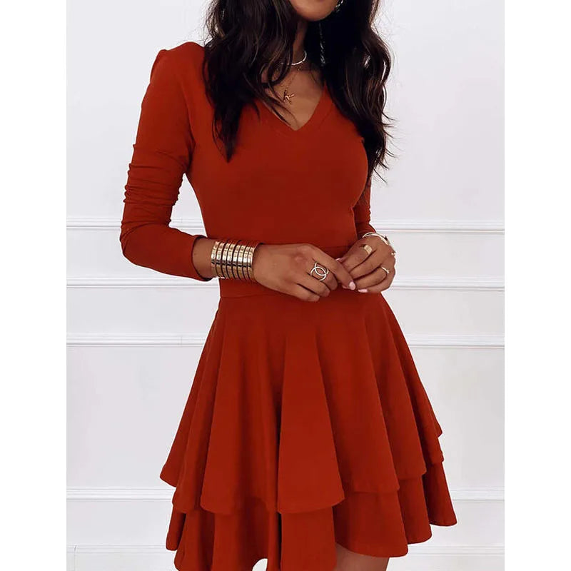 NEW Autumn V-Neck Solid Color Fashion Mid Waist Pullover Panel Bottom Fashion Versatile Style Long Sleeve Women's Dress