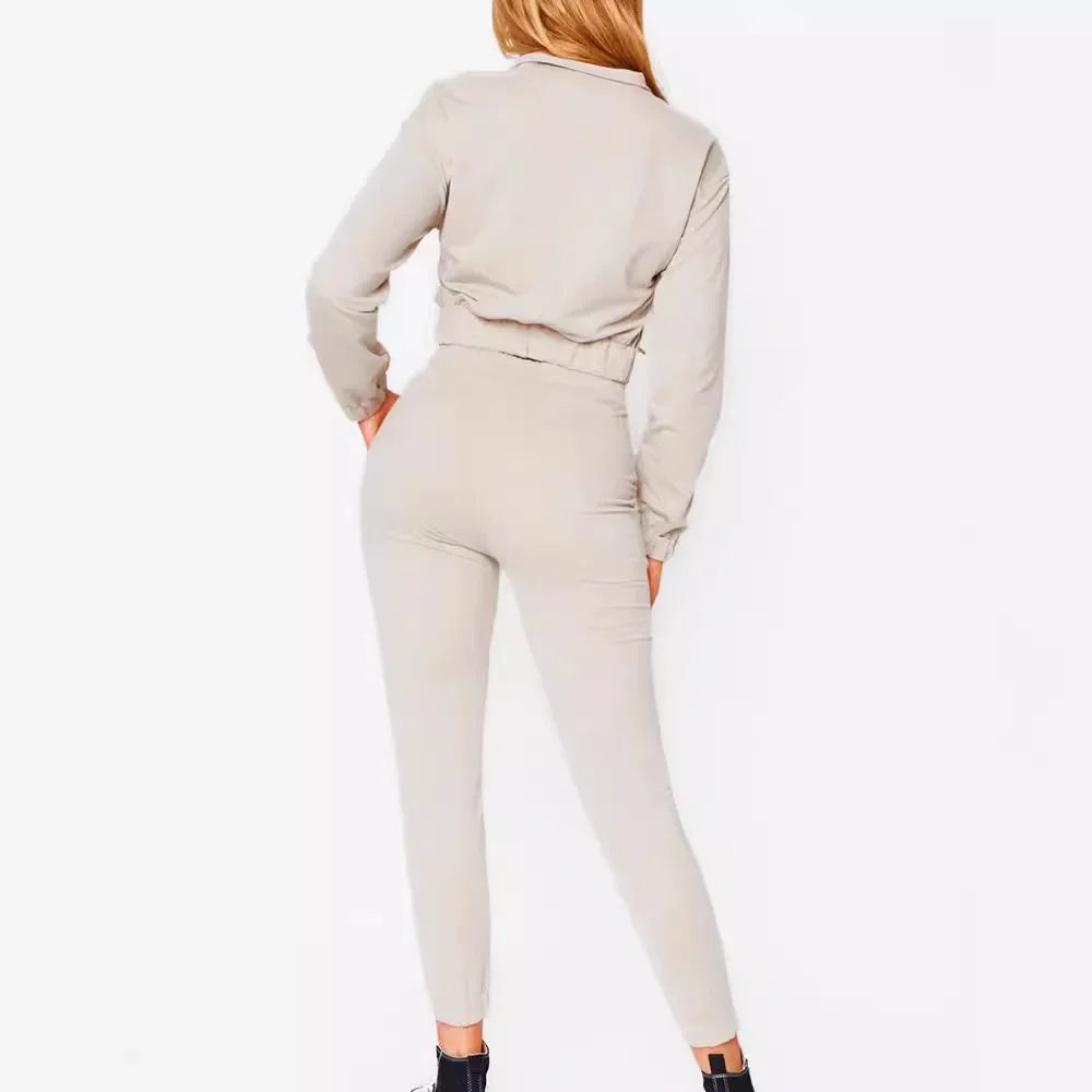 Casual Z601 Dress Set Long Sleeve Zipper Design Top + Drawstring Pants European And American Cross-Border