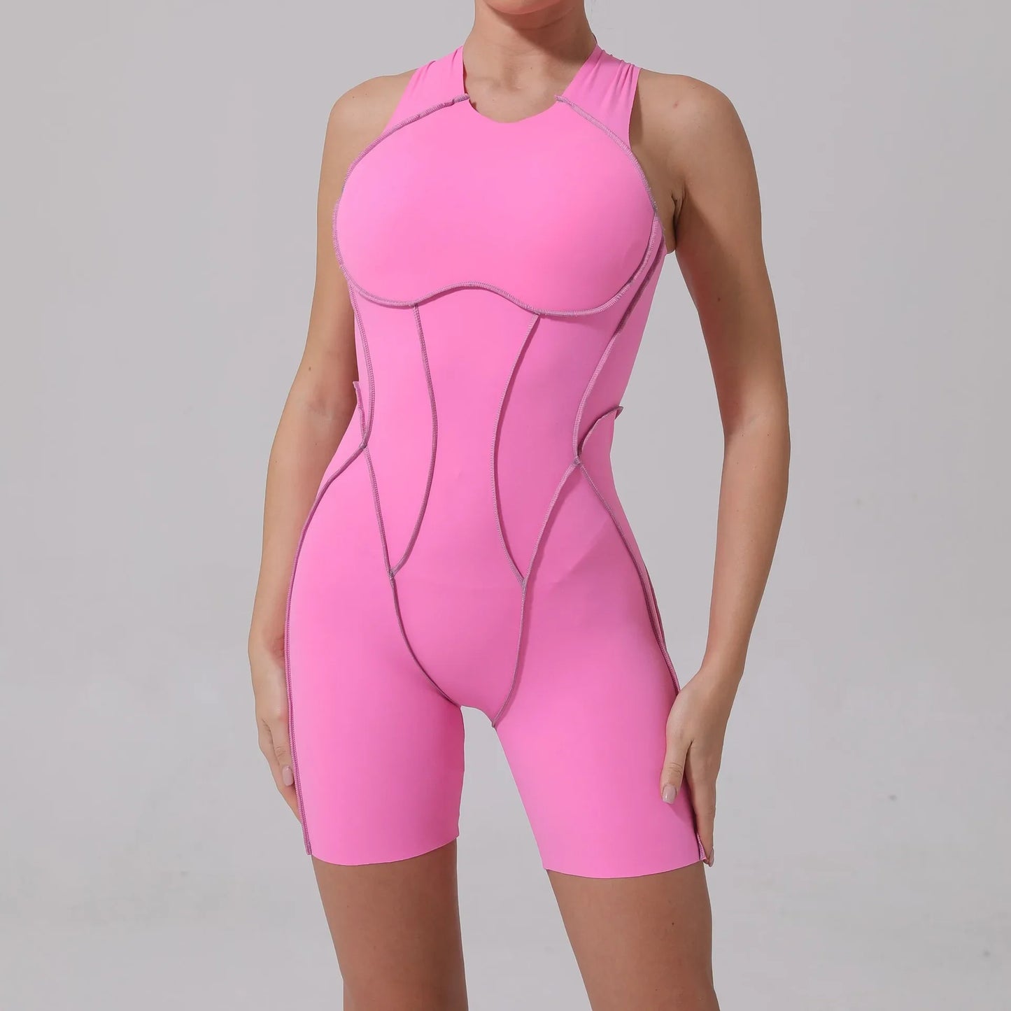 New Summer Stitching Color Backless Yoga Jumpsuits With Chest Pads Women Sleeveless Sports Bodysuit Hip Lifting Workout Overalls