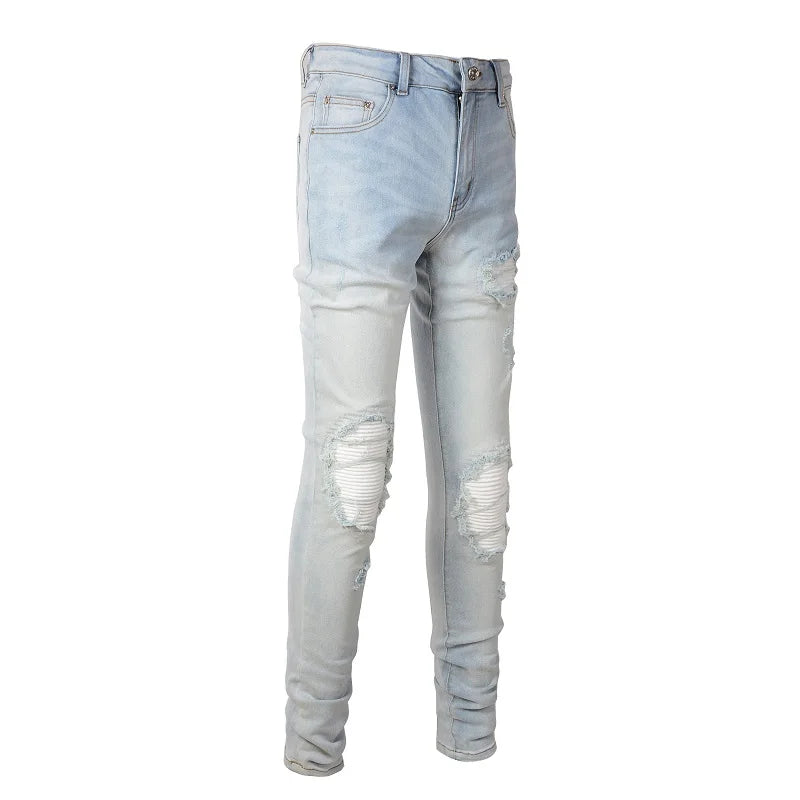 Herren Hellblaue Bikerjeans mit Rissen, Plissee-Patch, Patchwork-Stretch-Jeans, Streetwear-Löcher, zerrissene Röhrenhose