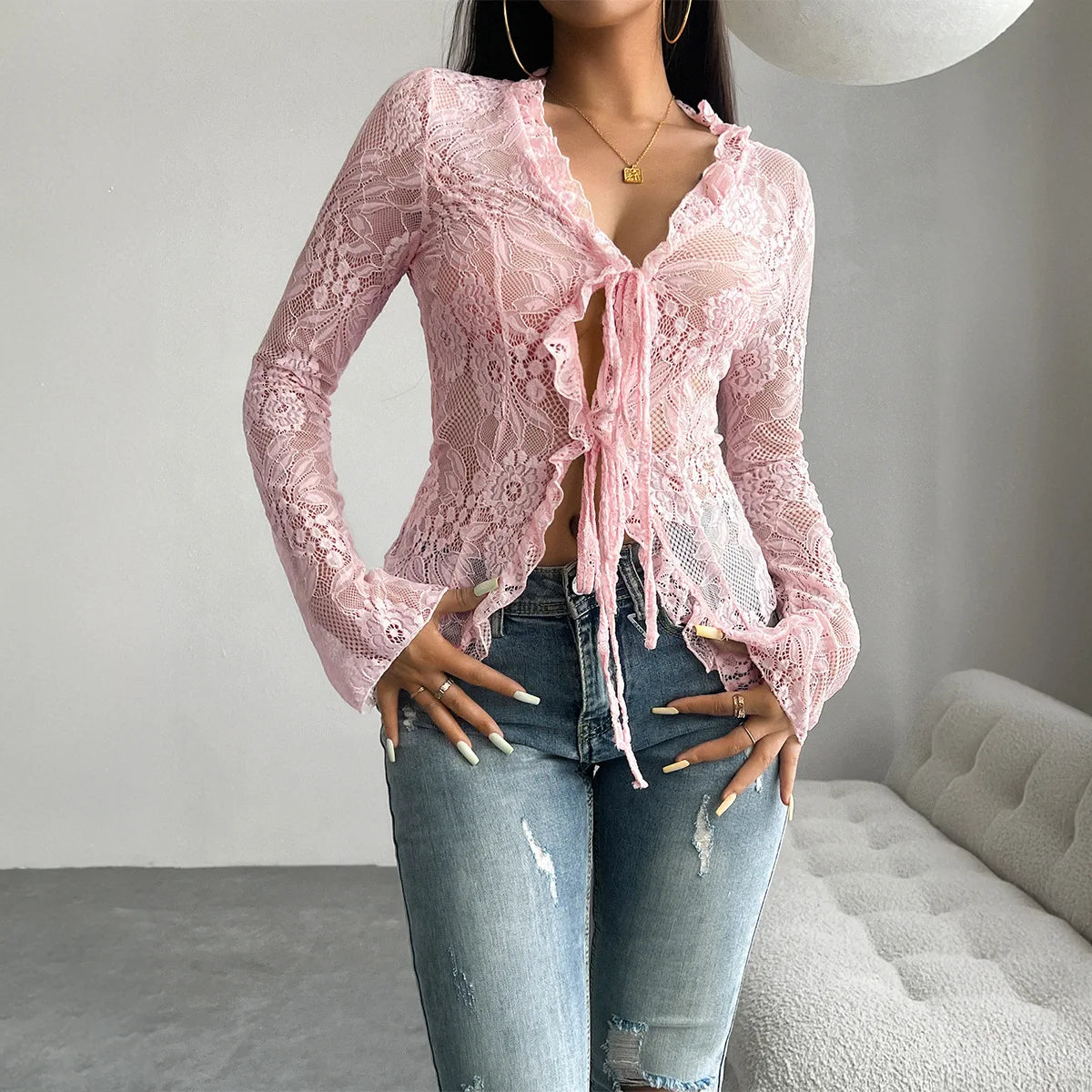 New Summer Sexy Slim Fit Long Sleeved Women Lace Top V-shaped Collar Flared Sleeves Long Sleeved Gauze Mesh Girls Club Clothing