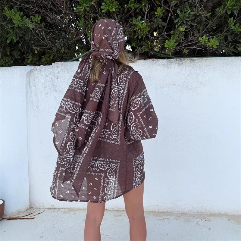 Bandana Print Cropped Shirt&Bottoms Set Button-Down Shirt Skirt/Pants Spring Boho Western Women Suit Holiday Casual Outfit