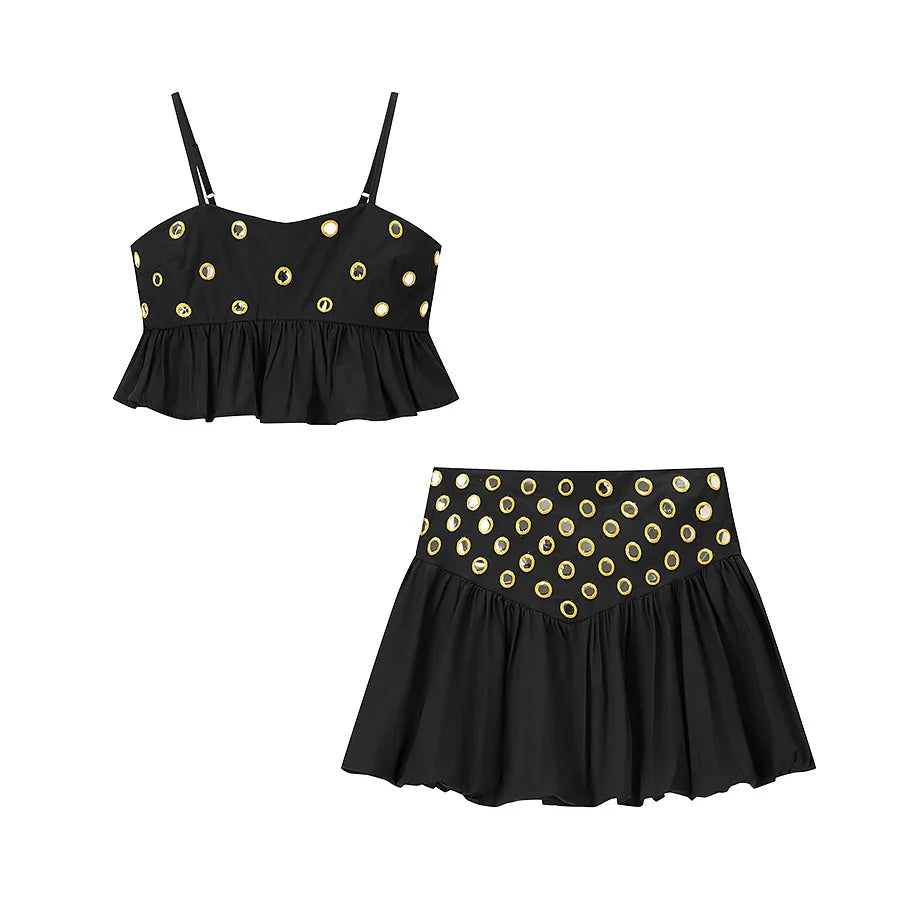 VEITCHE Women Metal Hollow Pleated Suspender Skirt Suit Sexy Sleeveless Vest High Waist Mini Skirt Lady Vacation Dress Set