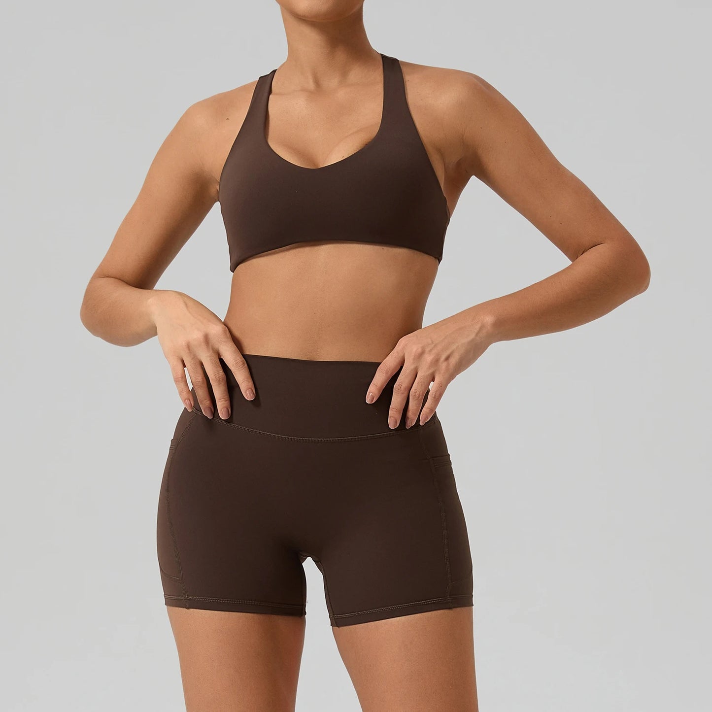 Hearuisavy Fitness Set 2Pcs Women Gym Sports Bra Running Sports Shorts With Pockets High Impact Breathable Racerback Yoga Tops