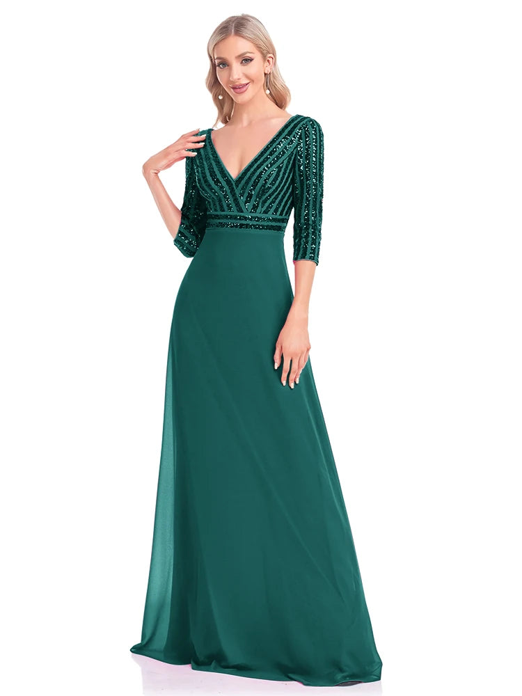 Lucyinlove Elegantes Langarmkleid mit Pailletten und V-Ausschnitt, rosa Abendkleid, Hochzeitsfeier, Abschlussballkleider für Frauen 2024