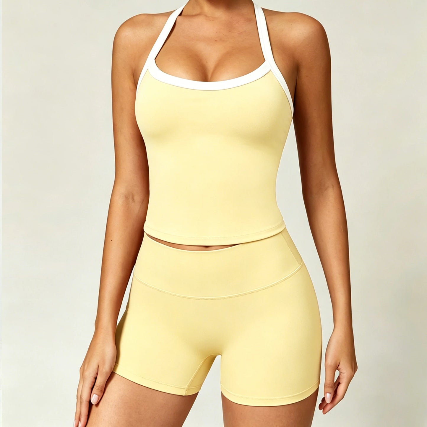 GYM 2 Piece Set Racerback Design+Shorts Women Sports Bra with Padded Yoga Halterneck Top High Waist Pant Summer Running Fitness