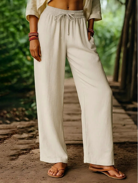 Women's Elastic Waist Linen Pants - Solid Color Wide Leg Trousers, Breathable Loose Fit Palazzo Pants