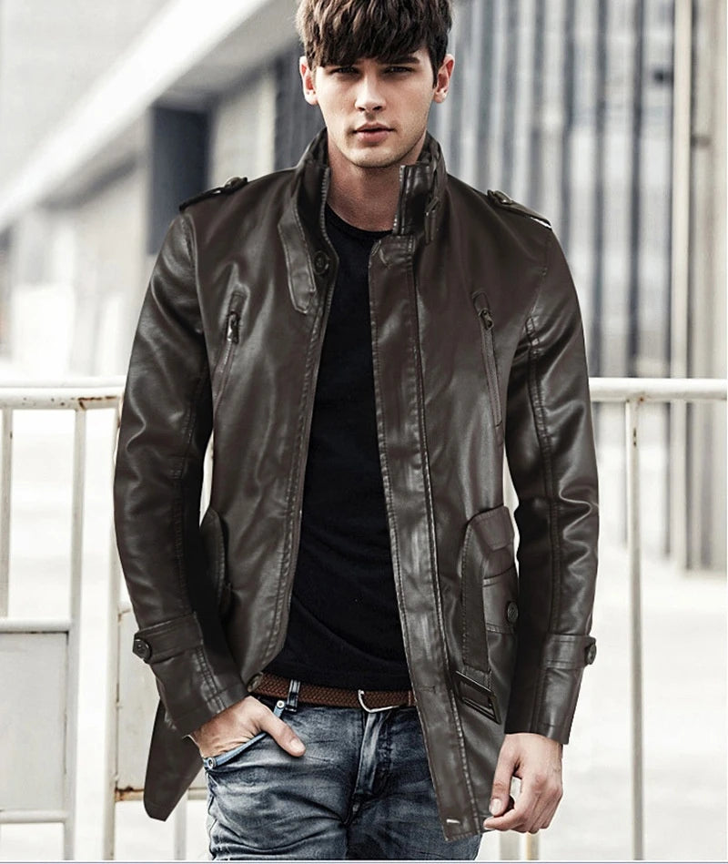 Men's Genuine Leather Jacket Winter Warm Thick Plush Lining Long Coat with Stand Collar Fashion Outerwear