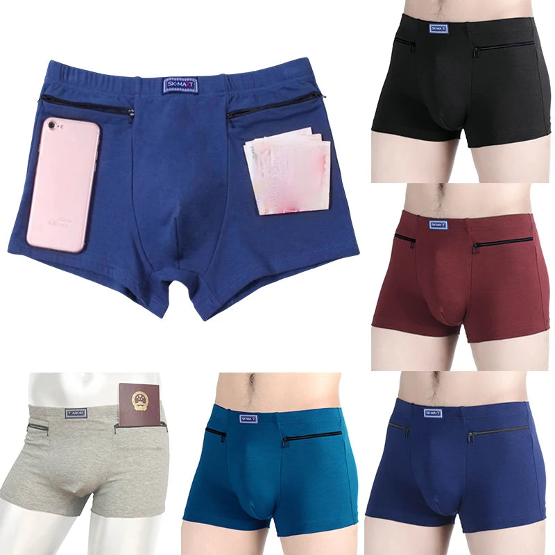 Men Cotton Boxer Panties Underwear Anti-theft Zippers Pockets Briefs Underpants Casual Solid Men's Boxers Shorts