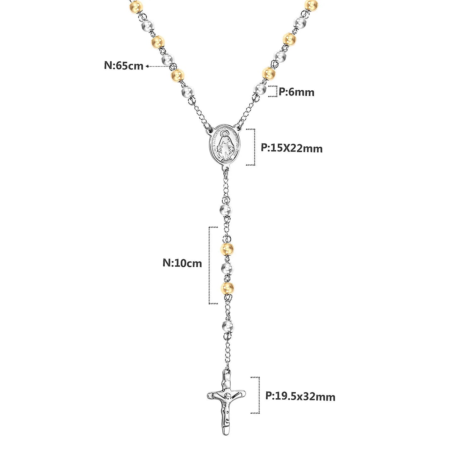 LUXUSTEEL Stainless Steel Long Necklace Virgin Mary Cross Pendant with 35cm+15cm Extender Bead Chain Jewelry