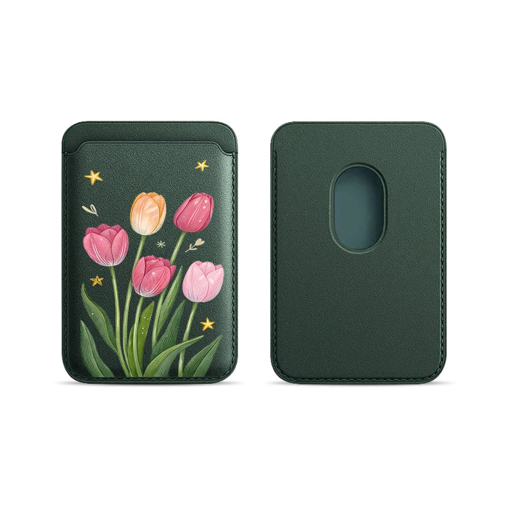 Tulip Flowers Leather Card Wallet Cases Phone Card Holder Magnetic Case Suitable For all iPhone for Magsafe Card Phone Back Bag