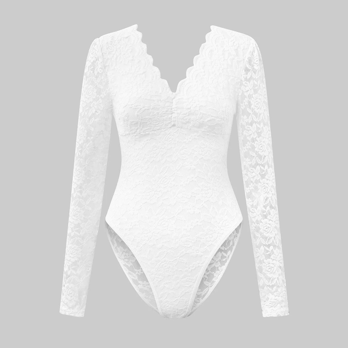 Women's Jumpsuit Onesie Lace Long Sleeve Perspective Embroidery Black V-neck Slim White Base Shirt Red Bodysuit