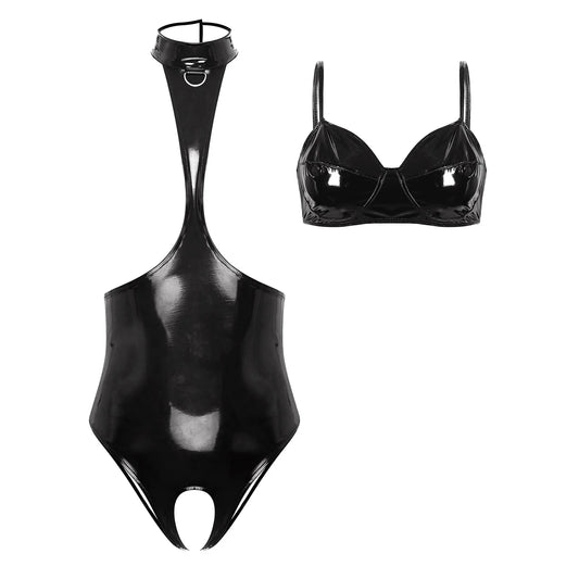 Womens Glossy Halter Cutout Crotchless Bodysuit And Bra Lingerie Set Open Chest Teddies Wet Look Faux Leather Rave Clubwear