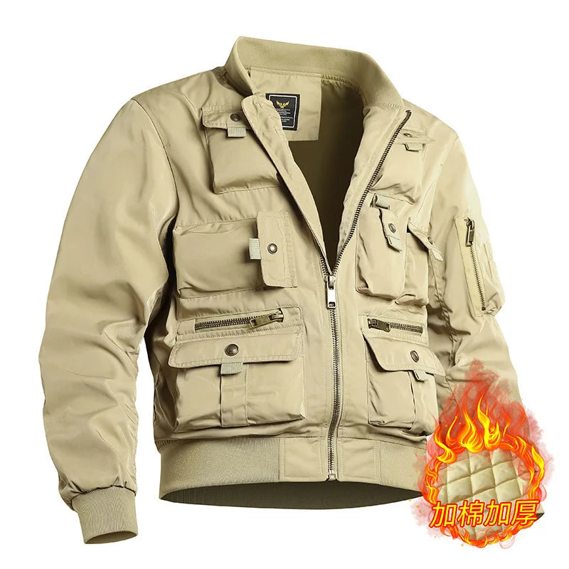 Autumn and Winter Men's stormcoat  New Solid Color Multi Pocket Loose Outdoor Fishing Work Coat Men Retro Waterproof Jacket