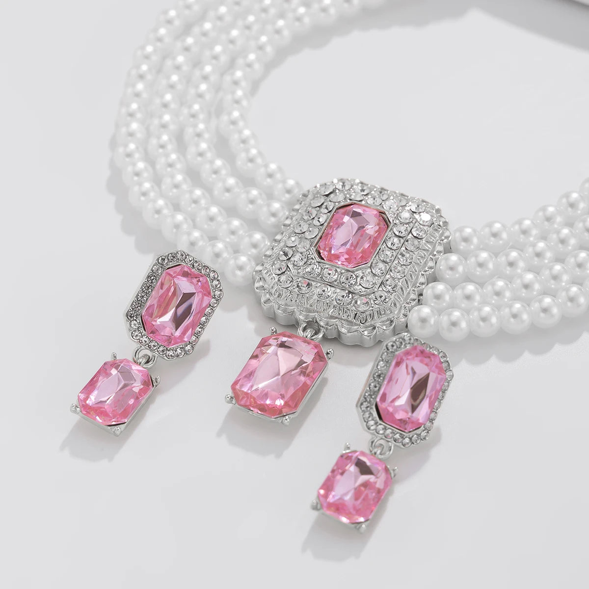 Lacteo Retro 2Pcs/Set Multi Layer Imitation Pearl Chain Necklace Stud Earrings Women Elegant Wedding Banquet Jewelry Suit New