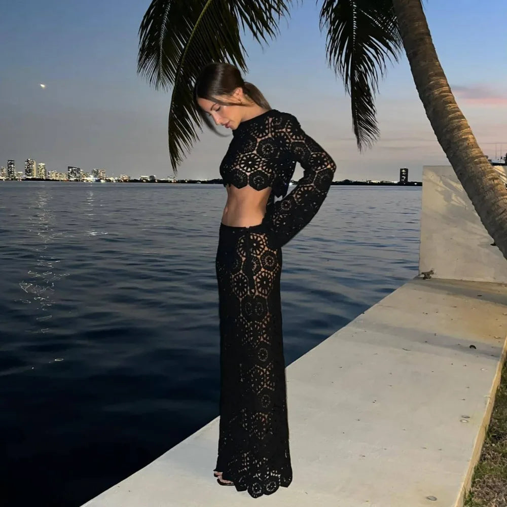 Schwarze Strandrock-Sets für Damen, sexy, aushöhlen, schlank, zweiteilig, Herbst, langärmeliges bauchfreies Top und Maxirock, Outfits 2024