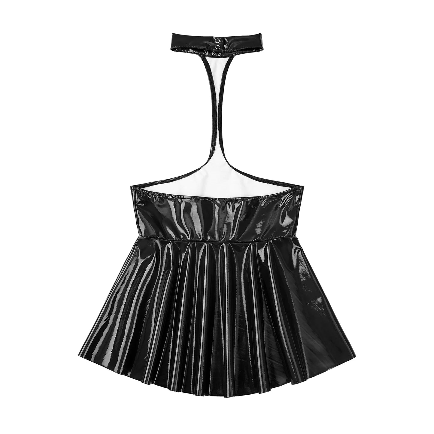 Womens Open Chest Halter Mini Dress Wet Look Patent Leather Rave Carnival Party Ruffled Sleeveless Backless Dress Nightclubwear