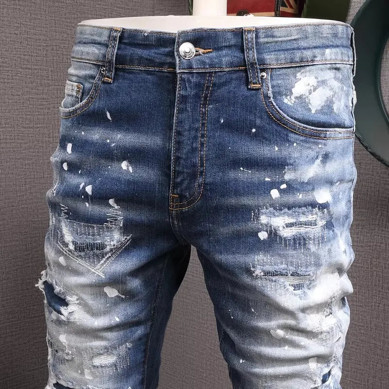 Retro Style Men's Slim Fit Jeans Distressed Hole Design Elastic Casual Long Pants Youth Trendy Street Style Straight Leg Jeans
