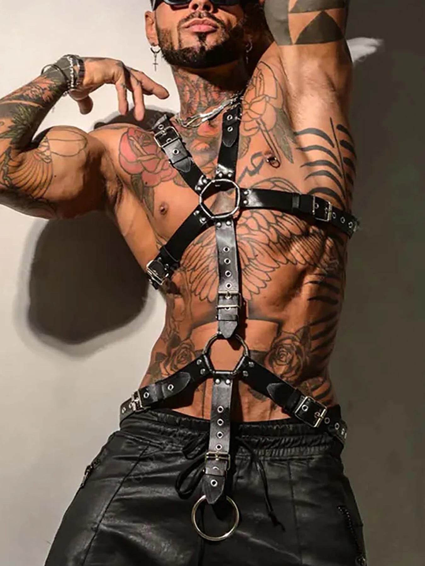 Men's Y-Shaped Black PU Suspender Dress, Suitable for Club Wear, Valentine's Day Gift, Carnival Attire.