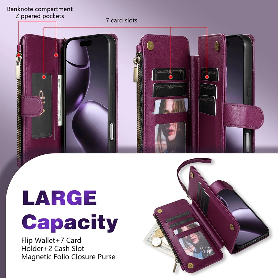 Wallet Multi-card Slot Zipper Kickstand Magnetic Flip Leather Case For iPhone 17 Pro Max 17e Air 16e 15 Plus 14 13 12 11 XR 8 7