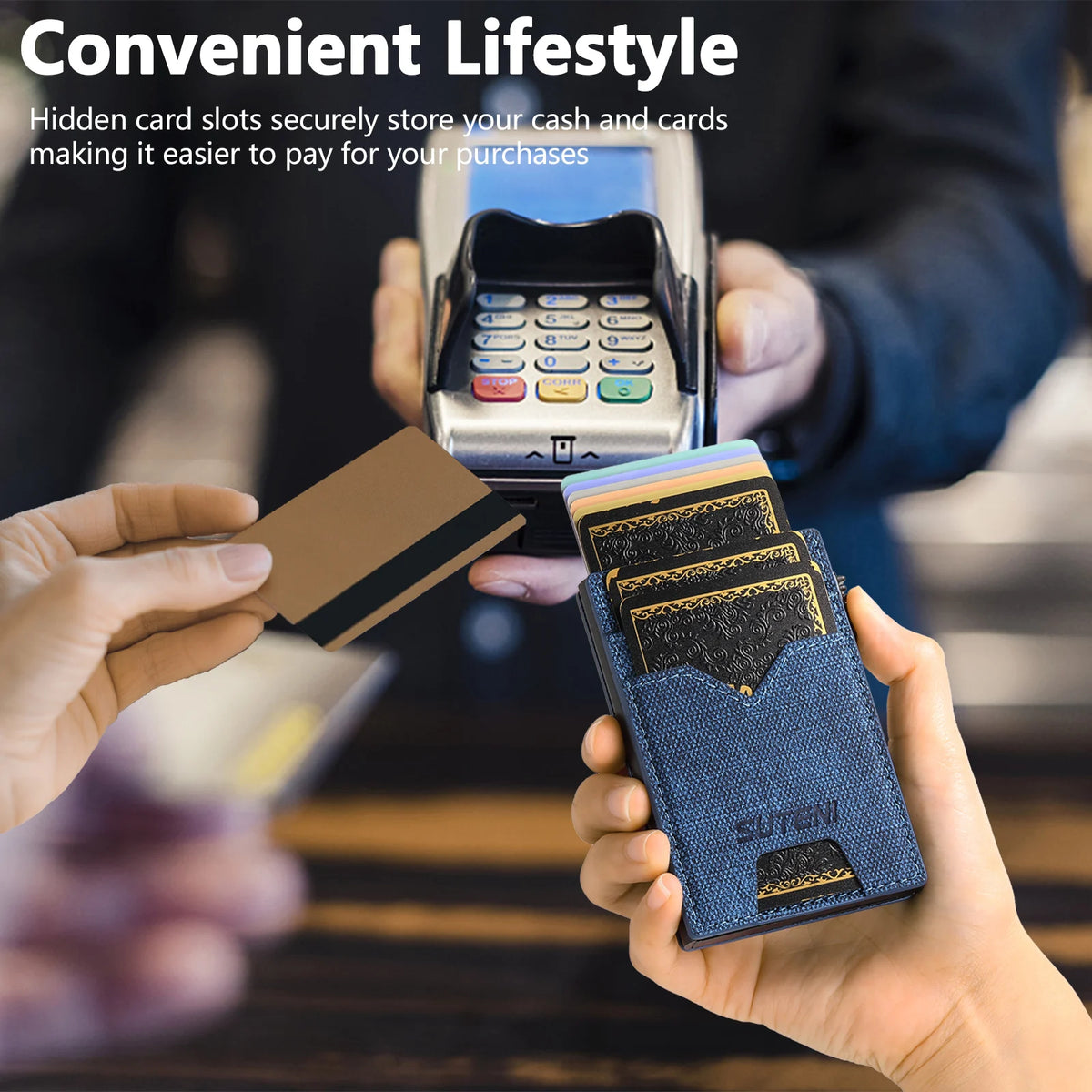 SUTENI Faux Leather Card Slot Wallet Flip Cover Unisex Card Box Pressing The Button Automatically Ejects The Card