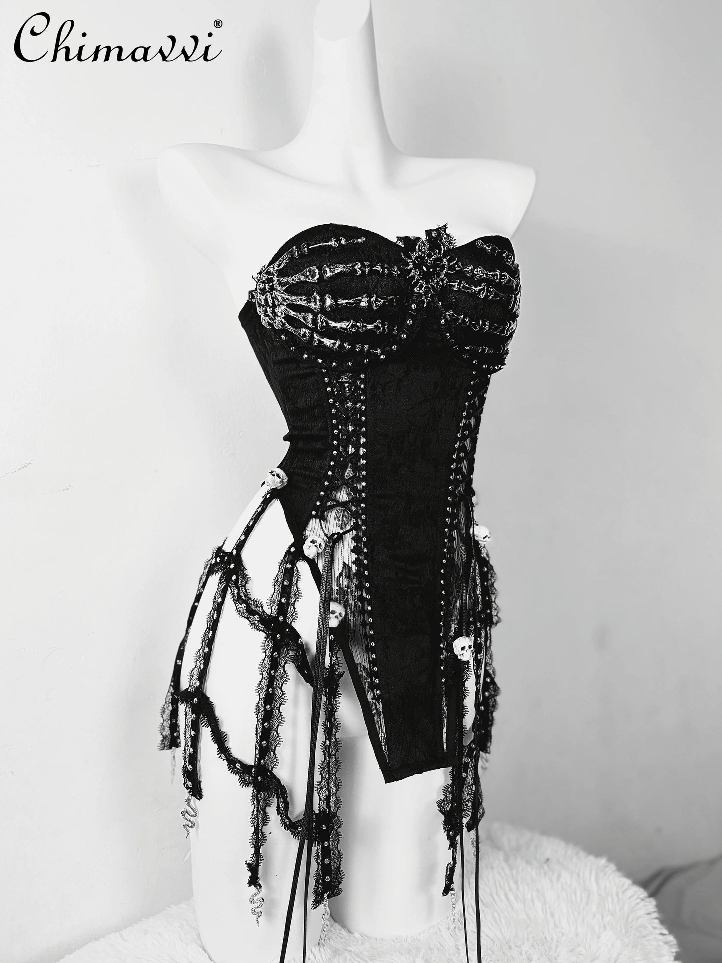 Original Punk Dark Girls Handmade Goth Skull Black Strap Drawstring Corset Bird Cage Lace Tassel Tube Top Long Trailing Skirt