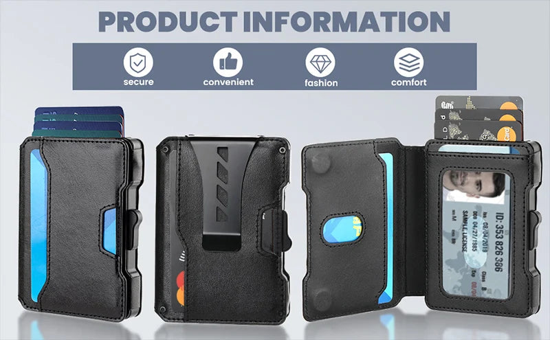 Aluminum Pop Up Card Case and Leather Slots Credit Card Holder RFID Blocking Wallet for Men with Gift Box