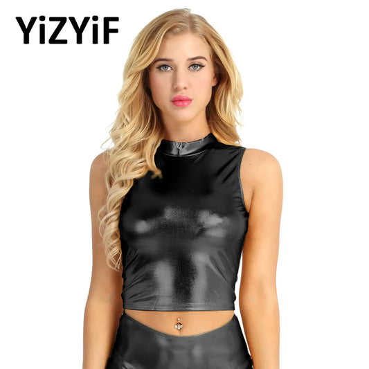 Women Latex Leather Sexy Tank Crop Top Sleeveless Mock Neck Tops Festival Rave Clothes Nightclub Pole Dance Performance Costume
