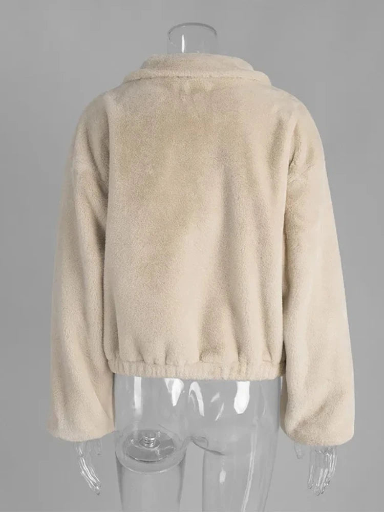 2025 Winter Coat Women Warm Outerwear Loose Fur Faux Coat Women Elegant Jacket Long Sleeve Zipper Female Short Coats