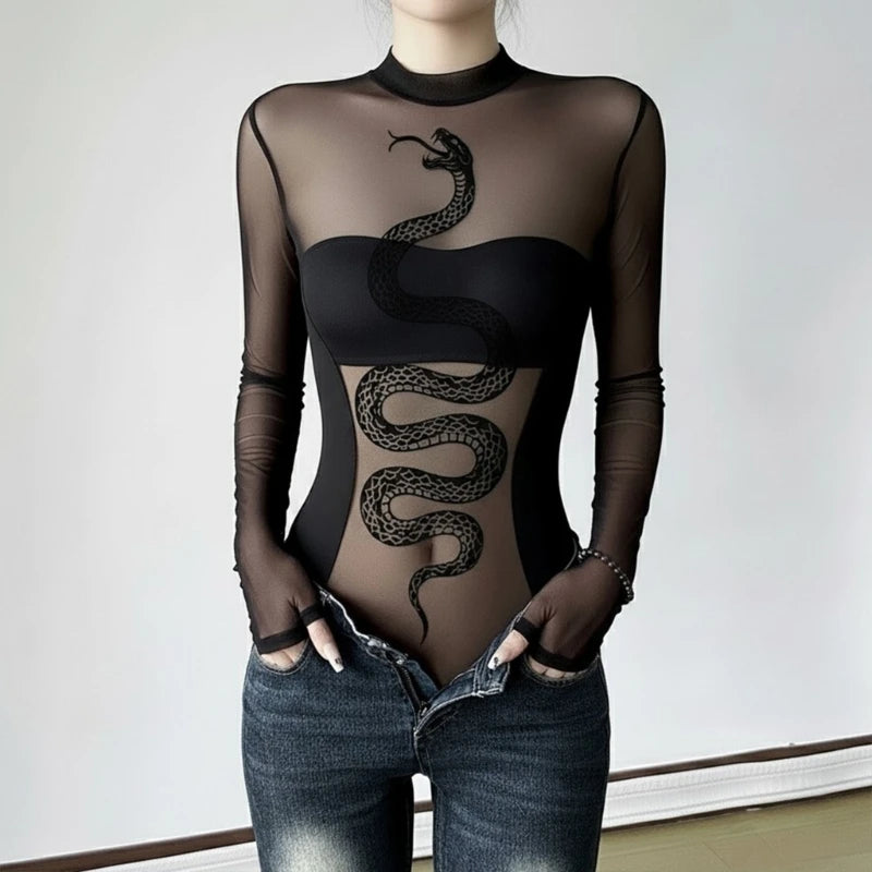 Womens Mesh Long Sleeve Bodysuit Round Neck Sheer Leotards Clothing Snake Bodysuit Top with Crotch Clubwear Gifts