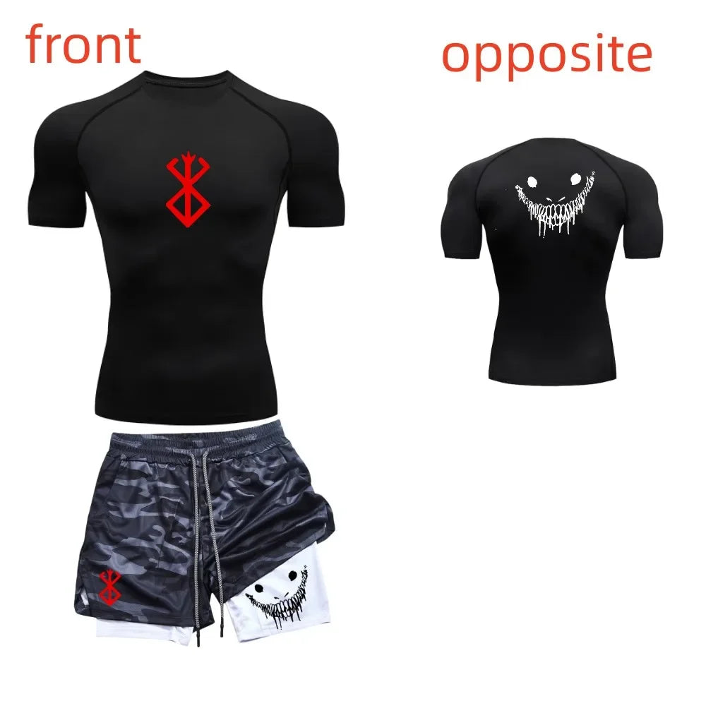 Men's fashionable casual fitness set, gym quick drying sportswear, shorts+shirt, 2-piece set, running, training, summer