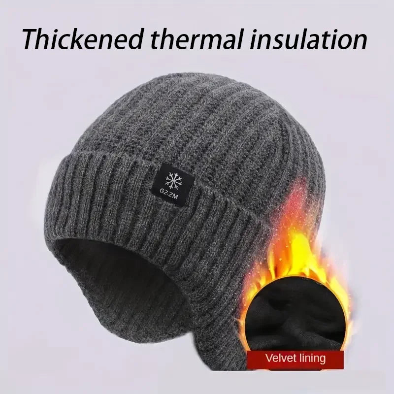 Men's Autumn/Winter Hat+Scarf Winter Warm Ear Protection Set Thick Knitted Wool Breathable Solid Color Hat
