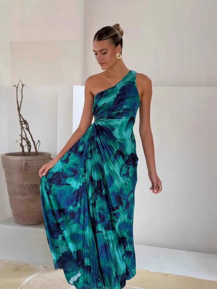 2025 Summer Fashion New Women's Elegant Temperament Pleated Dress Slanted Shoulder Sleeveless Sexy Vacation Print Dress
