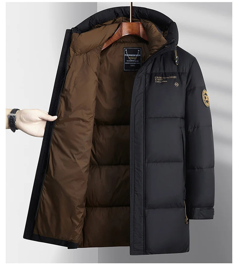 Leichte Luxus-Daunenjacke für Herren, lang, Winter 2024, trendig, 90 % weiße Entendaunen, warmer Mantel, Business-Casual-Mütze, leichte Daunenjacke