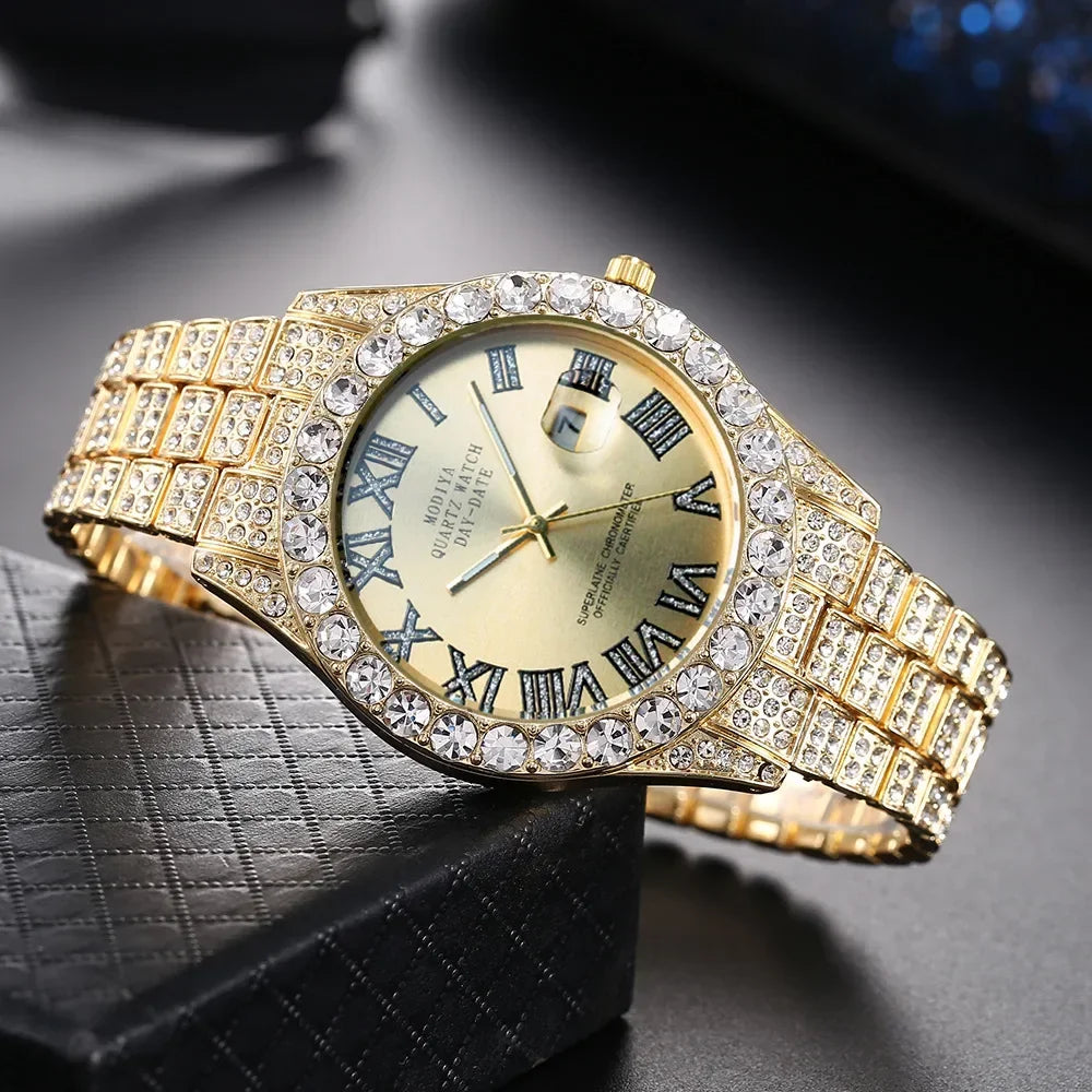Diamond Bling Watch Men Gold Color Luxury Gift Quartz Watches Male Clock Dropshipping  Rhinestone Calendar Wristwatch