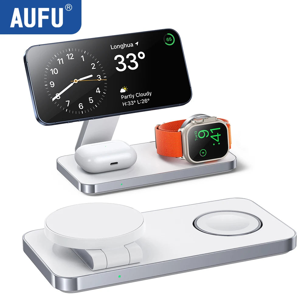 Magnetic 3 in 1 Fast Wireless Charger Stand Foldable Charging Station For iPhone 16 15 14 13 12 Apple Watch 9 8 7 6 Airpods Pro