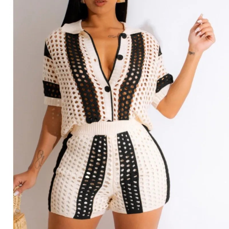 Women's Two Pieces Set Knit Ribbed Crochet Patchwork Outfits Short Sleeve Shirt Sweater Short Suit  Two Set Outfit Tracksuit
