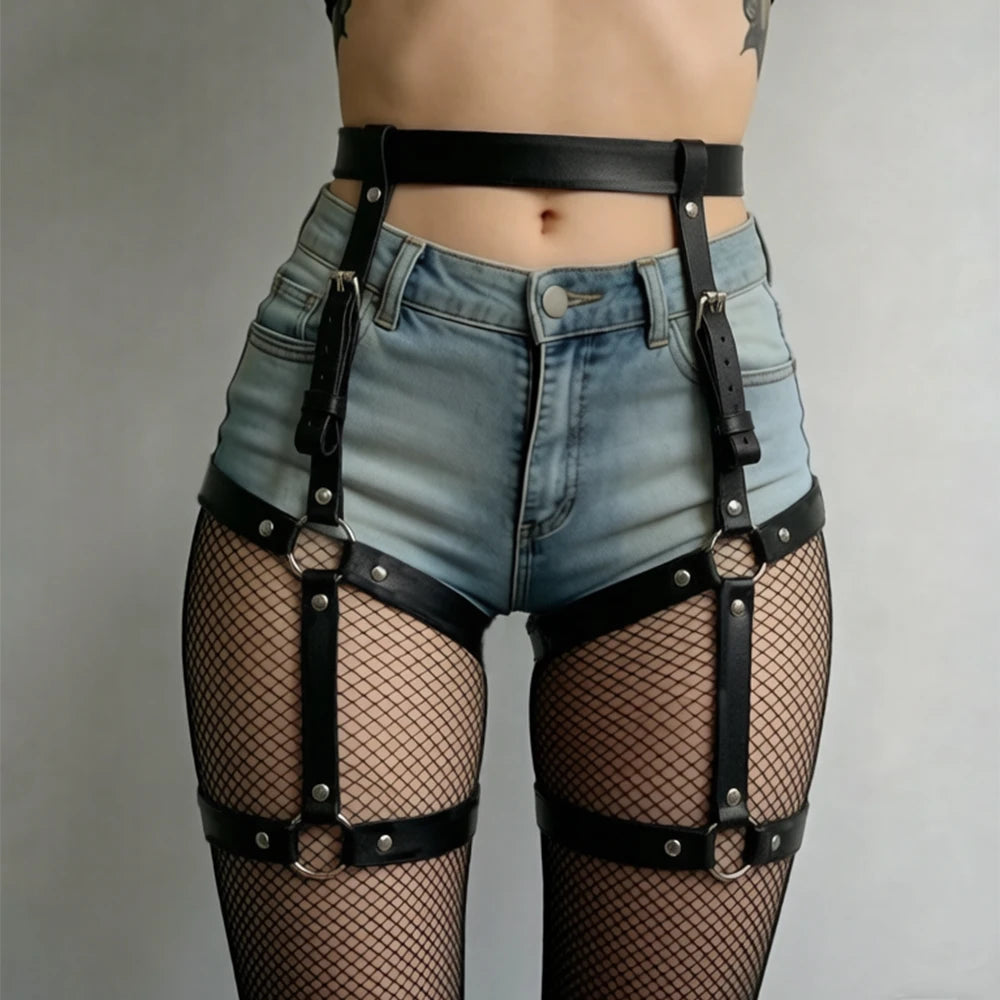 Women Fashion Harness Punk Leg Harness PU Leather Adjustable Studded Decor Thigh Garter Belt Gothic Clothing Accessories