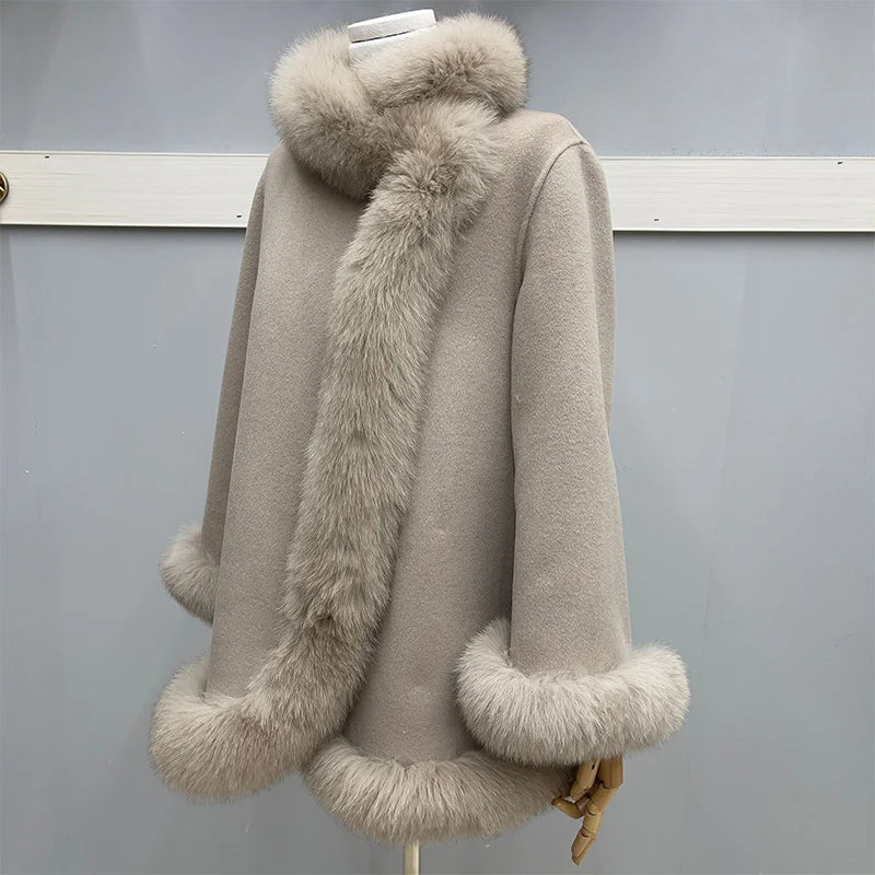 Fashion Natural Winter Fur Coat Real Fox Fur Collar Cashmere Wool Woolen Women Jacket Luxury Outwear New Ladies Female Coat