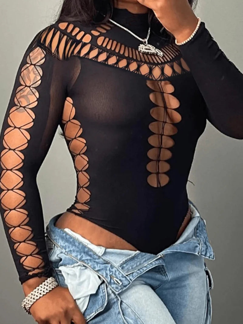 Sexy solid color Plain hollow out jumpsuit hollow out Open chest sexy curves nightclub party fine clothes bodysuit jumpsuits