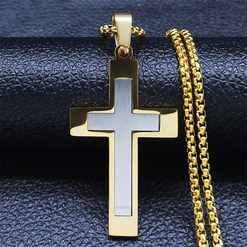 YQ Stainless Steel Splice Cross Pendant Necklace For Men Women Religious Jewelry Accessories With 60cm Chain
