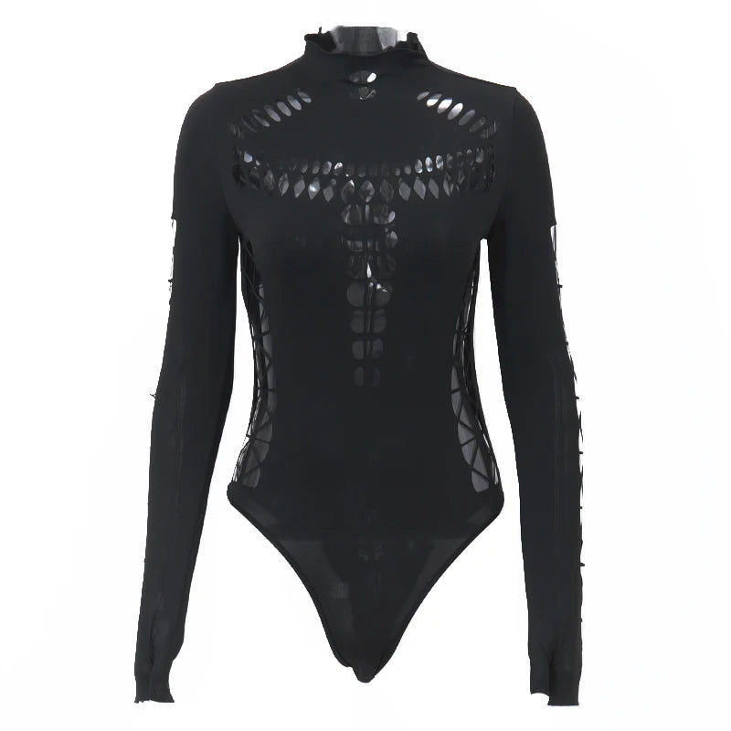 Candyhot Sexy Hollow Out High Collar Bodysuit Bodycon Y2K Long Sleeves Fashion T Shirts Women Gothic Punk Streetwear Bodysuits