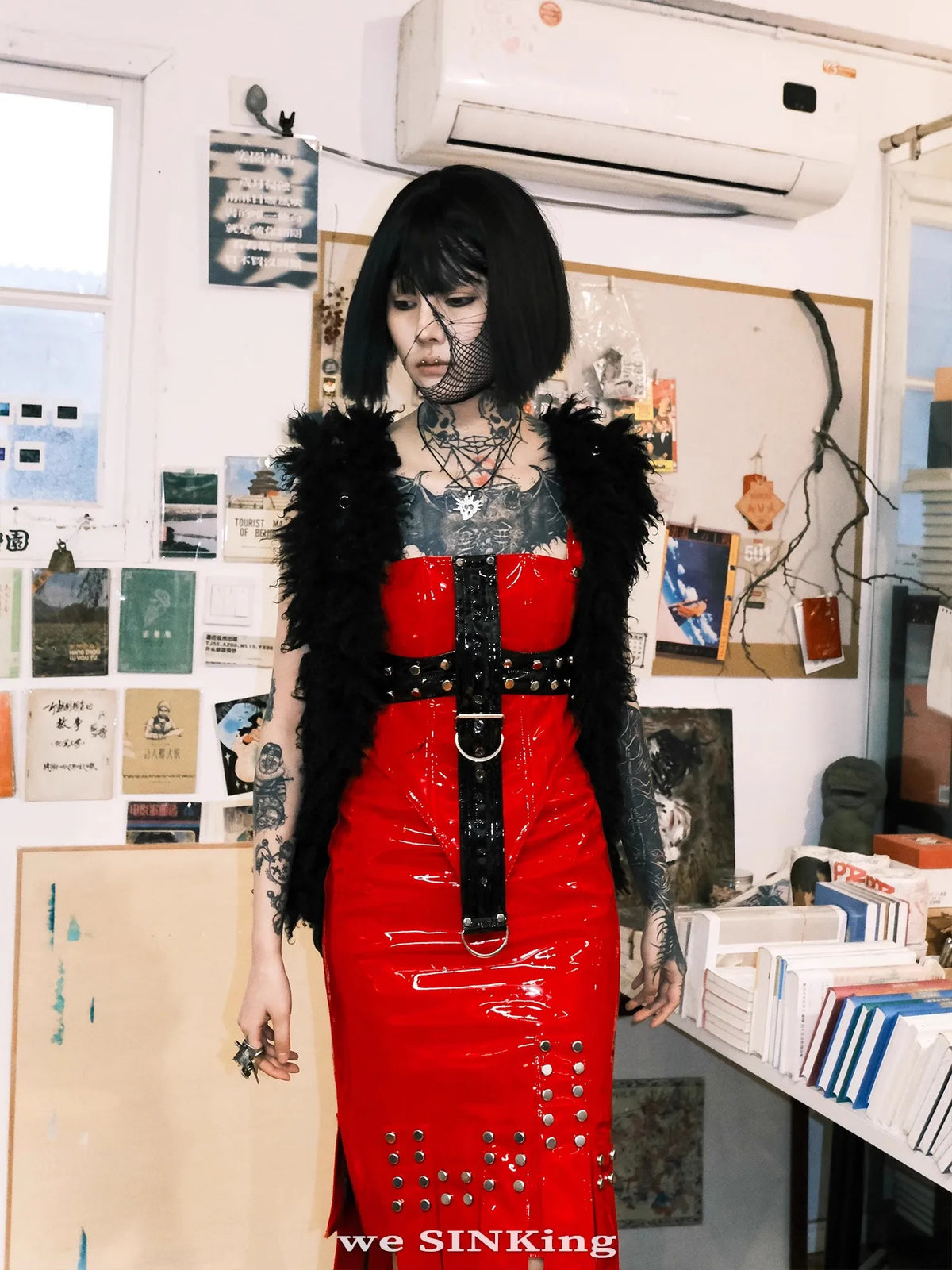 Lautaro Cool Red and Black Patchwork Patent Leather Y2K Tank Tops 2000s Women Luxury Designer Gothic Woman Clothing Streetwear